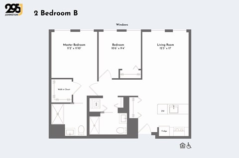 A floor plan of a 2 Bedroom B apartment with a master bedroom, a bedroom, a living room, a kitchen, and a bathroom.